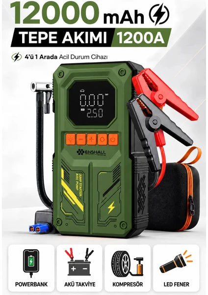 Enshall 4in1 Şarjlı 12000MAH Akü Takviye Cihazı Hava Kompresörü 150PSI Powerbank Destekli Lastik Şişirme Kompresörü Taşınabilir Şarjlı 12000MAH Akü Takviyeli Hava Kompresörü 150PSI Powerbank Destekli Lastik Şişirme Kompresörü